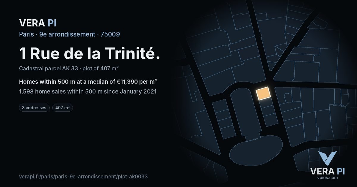 1 Rue de la Trinité, 9e arrondissement at night – the plot lit, the parcels around coloured by the prices near them