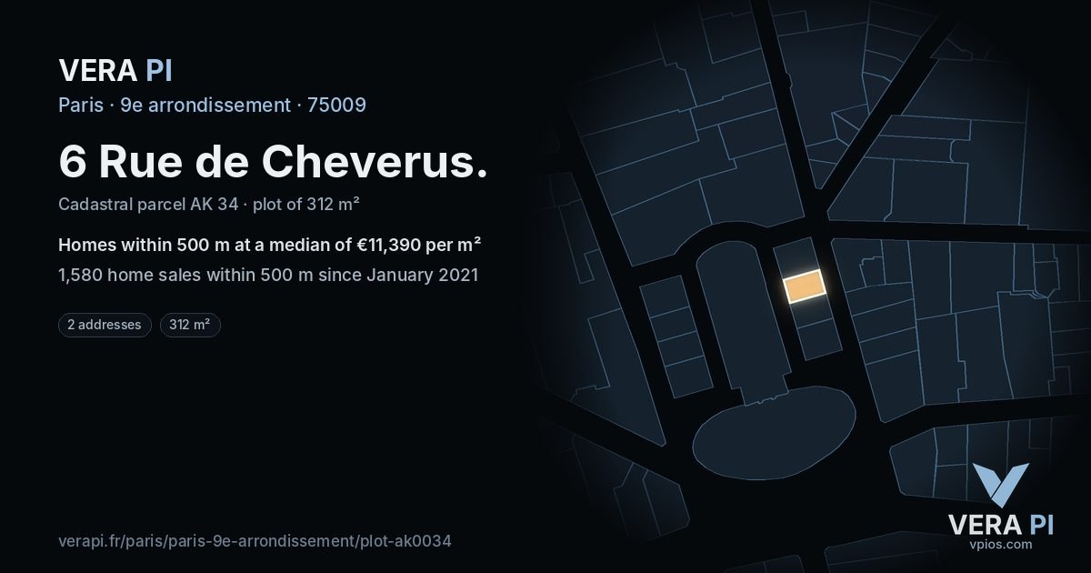 6 Rue de Cheverus, 9e arrondissement at night – the plot lit, the parcels around coloured by the prices near them
