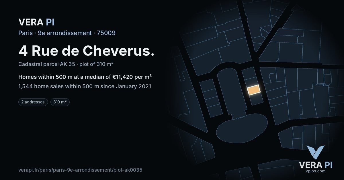 4 Rue de Cheverus, 9e arrondissement at night – the plot lit, the parcels around coloured by the prices near them