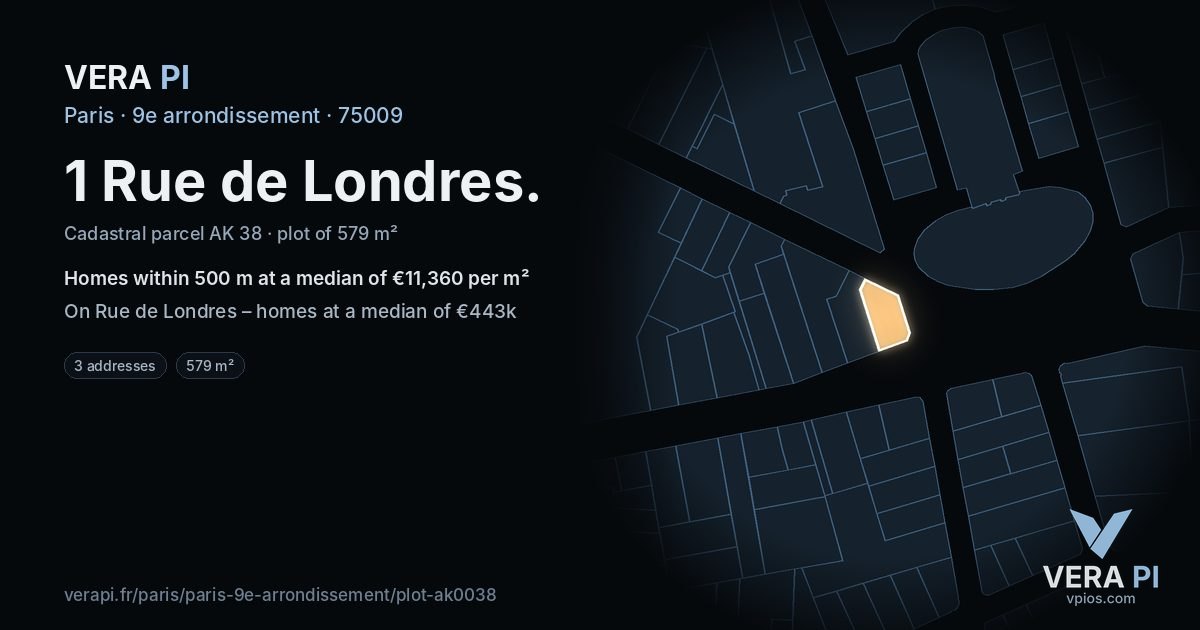 1 Rue de Londres, 9e arrondissement at night – the plot lit, the parcels around coloured by the prices near them