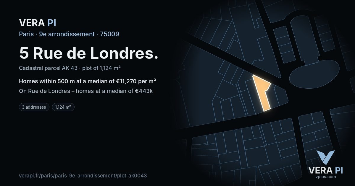 5 Rue de Londres, 9e arrondissement at night – the plot lit, the parcels around coloured by the prices near them