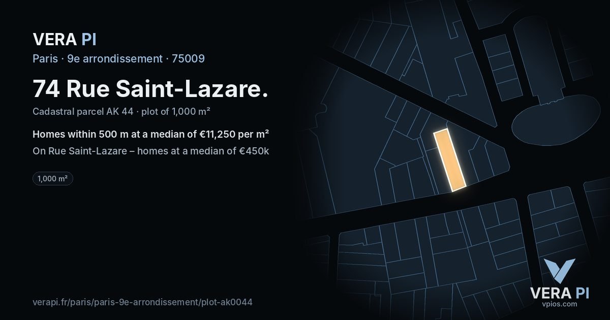 74 Rue Saint-Lazare, 9e arrondissement at night – the plot lit, the parcels around coloured by the prices near them