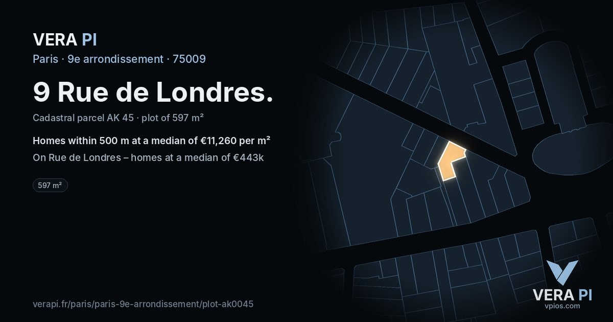 9 Rue de Londres, 9e arrondissement at night – the plot lit, the parcels around coloured by the prices near them