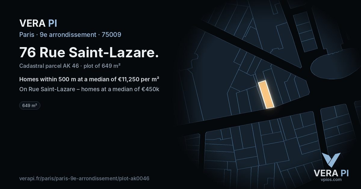 76 Rue Saint-Lazare, 9e arrondissement at night – the plot lit, the parcels around coloured by the prices near them