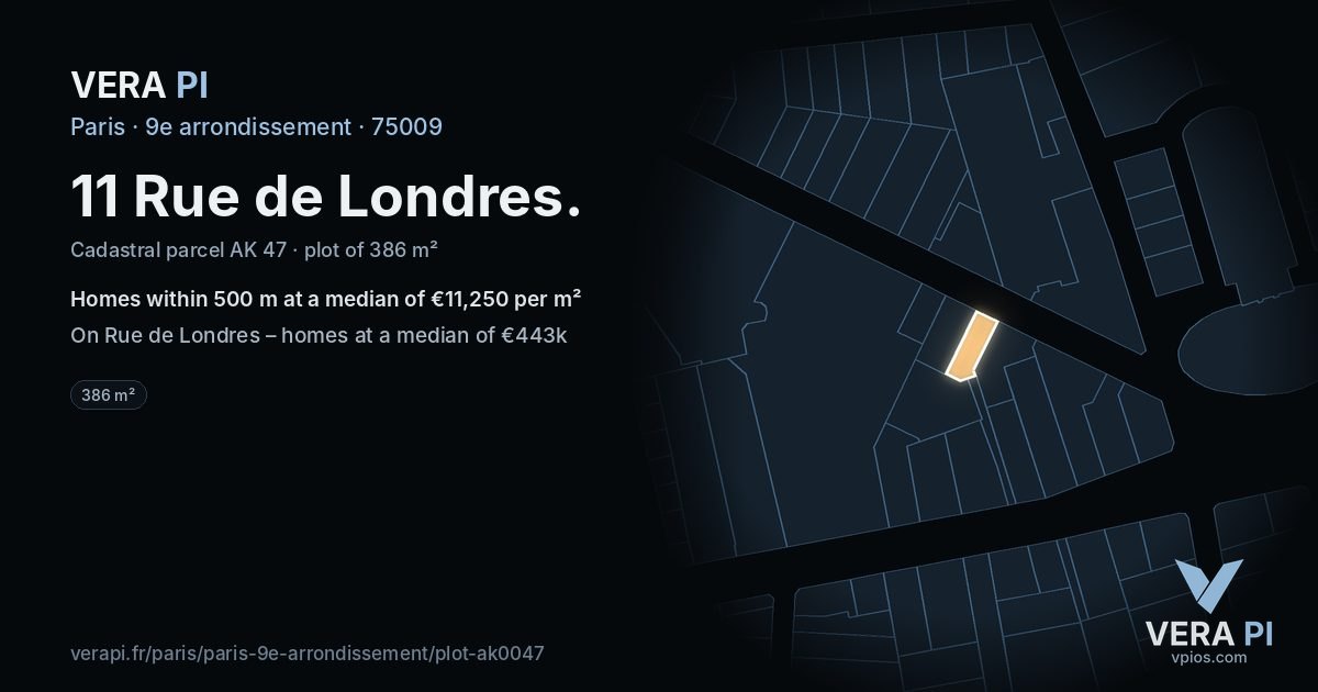 11 Rue de Londres, 9e arrondissement at night – the plot lit, the parcels around coloured by the prices near them
