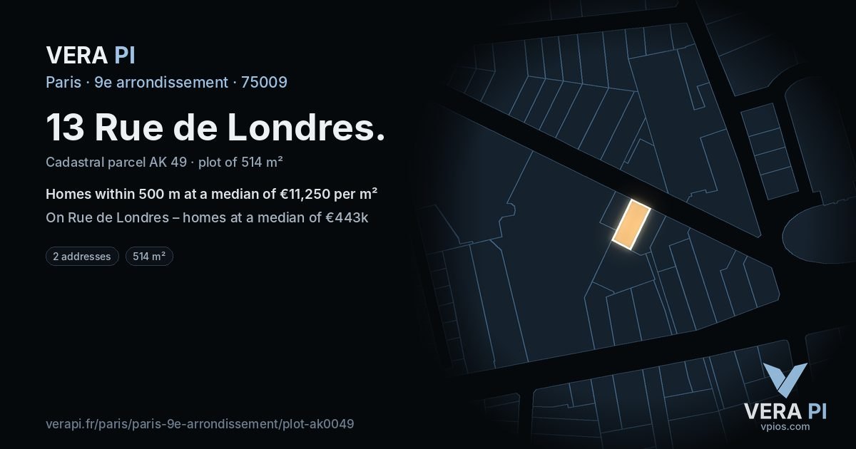 13 Rue de Londres, 9e arrondissement at night – the plot lit, the parcels around coloured by the prices near them