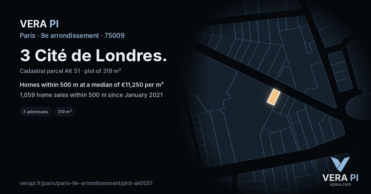 3 Cité de Londres, 9e arrondissement at night – the plot lit, the parcels around coloured by the prices near them