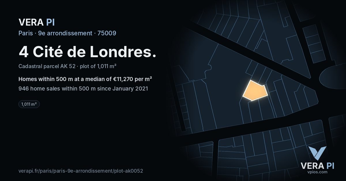 4 Cité de Londres, 9e arrondissement at night – the plot lit, the parcels around coloured by the prices near them