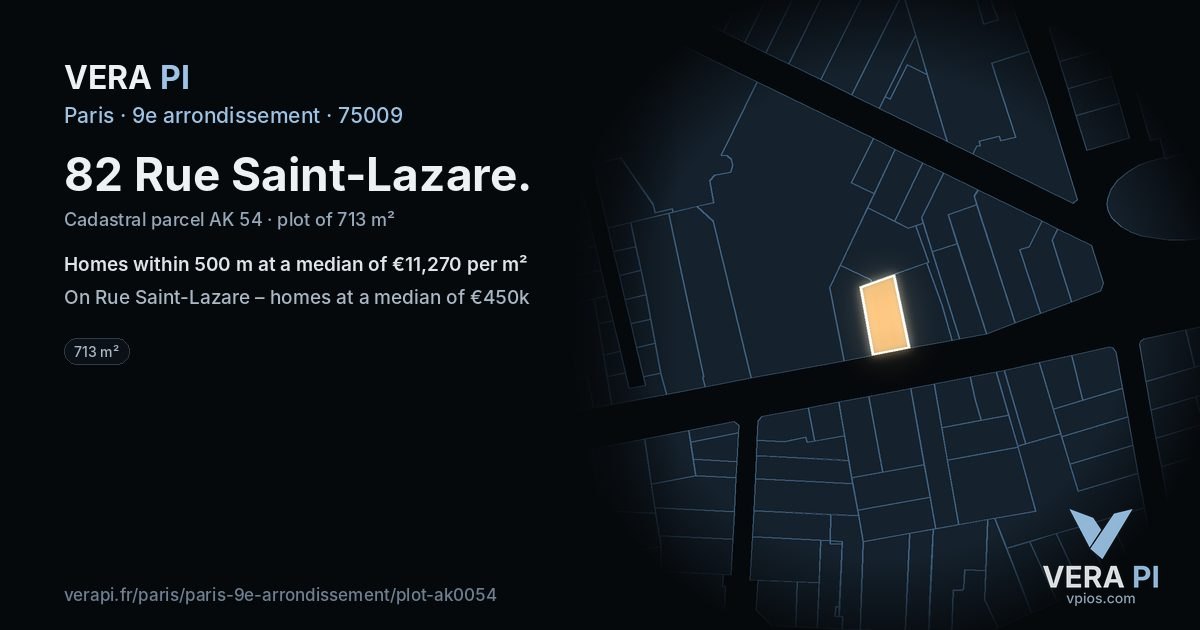82 Rue Saint-Lazare, 9e arrondissement at night – the plot lit, the parcels around coloured by the prices near them