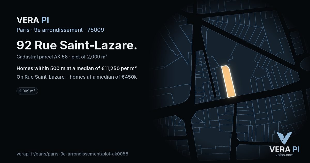 92 Rue Saint-Lazare, 9e arrondissement at night – the plot lit, the parcels around coloured by the prices near them