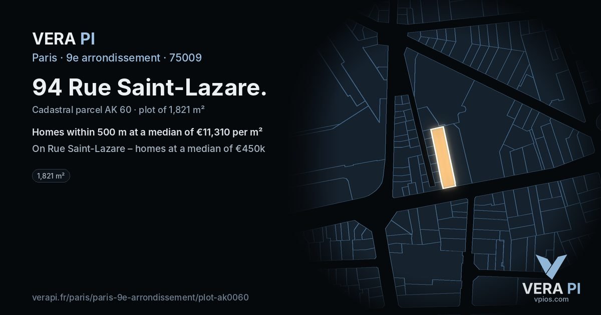 94 Rue Saint-Lazare, 9e arrondissement at night – the plot lit, the parcels around coloured by the prices near them