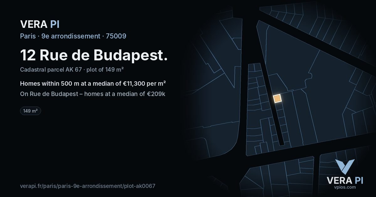 12 Rue de Budapest, 9e arrondissement at night – the plot lit, the parcels around coloured by the prices near them