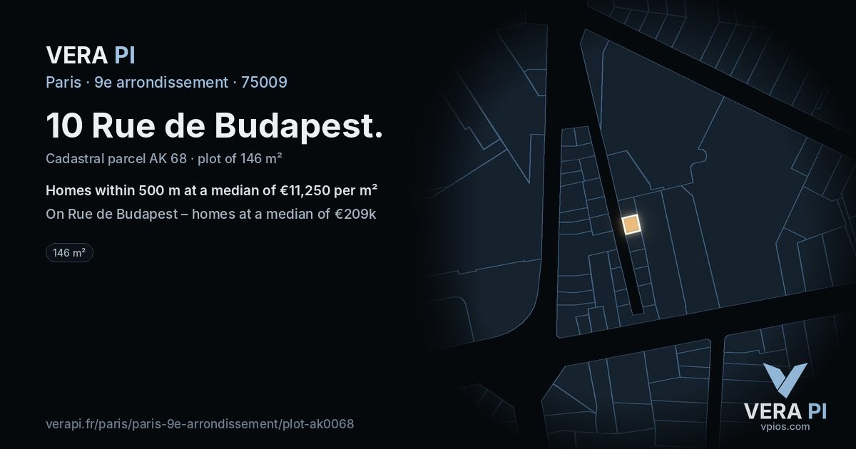 10 Rue de Budapest, 9e arrondissement at night – the plot lit, the parcels around coloured by the prices near them