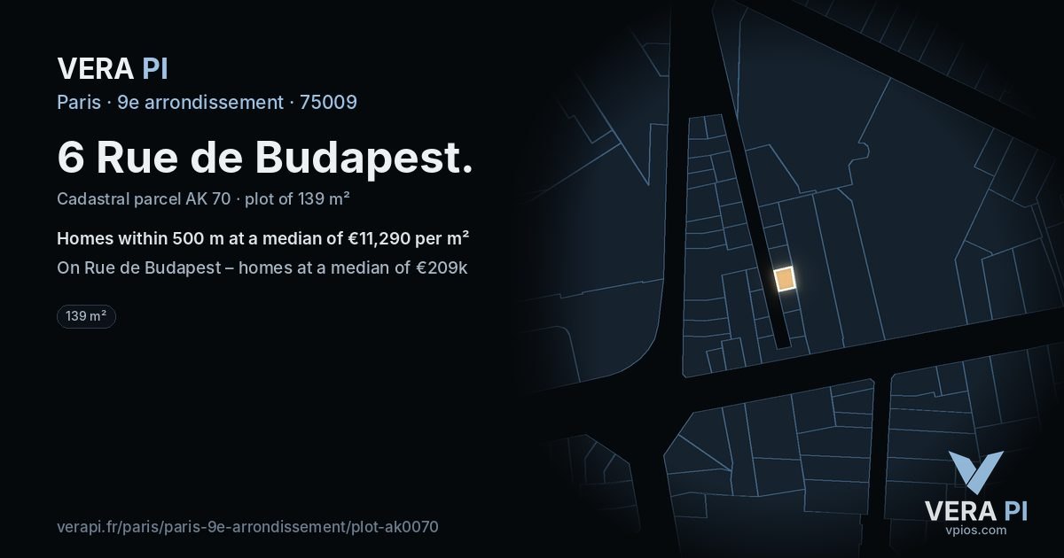 6 Rue de Budapest, 9e arrondissement at night – the plot lit, the parcels around coloured by the prices near them
