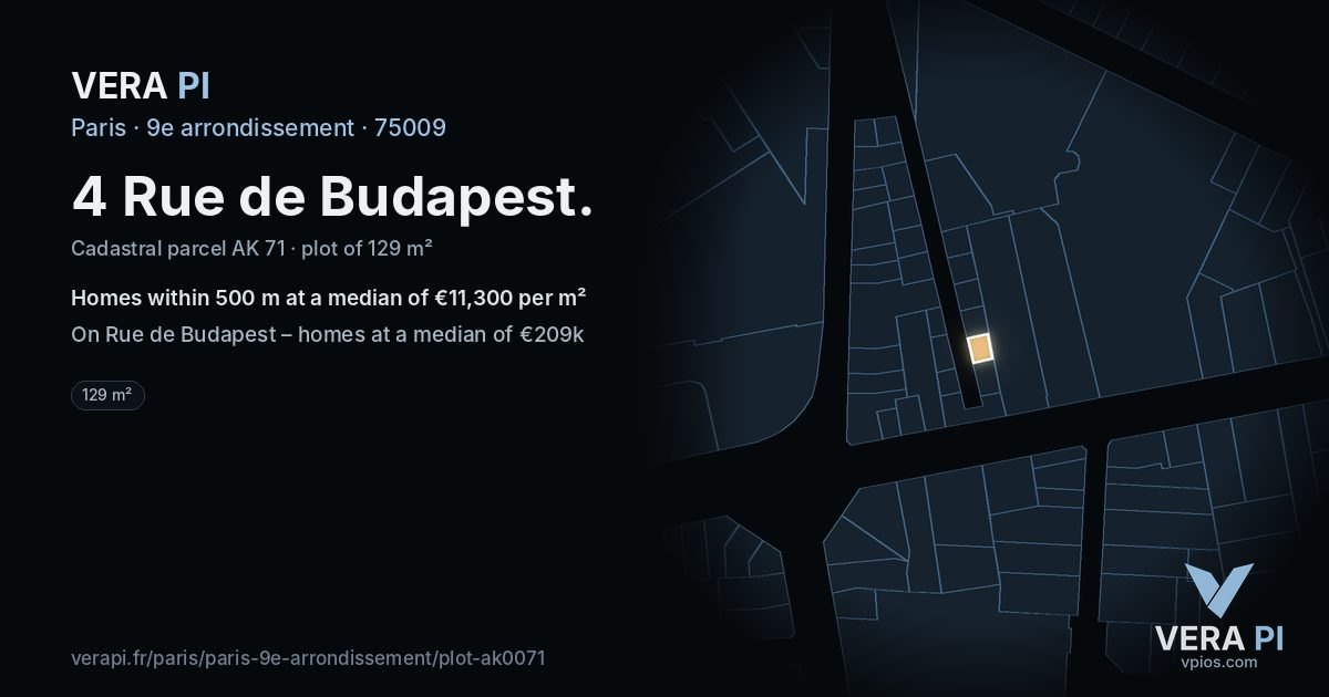 4 Rue de Budapest, 9e arrondissement at night – the plot lit, the parcels around coloured by the prices near them