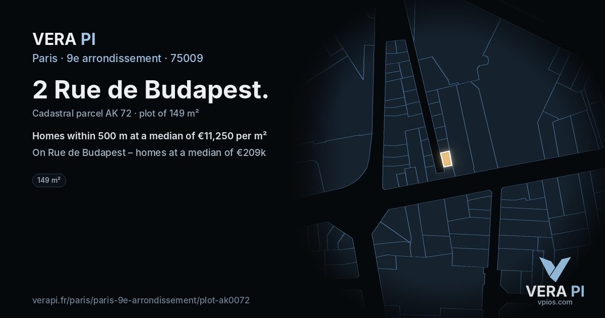 2 Rue de Budapest, 9e arrondissement at night – the plot lit, the parcels around coloured by the prices near them