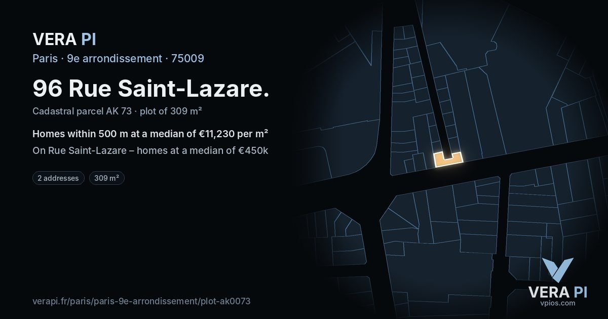 96 Rue Saint-Lazare, 9e arrondissement at night – the plot lit, the parcels around coloured by the prices near them