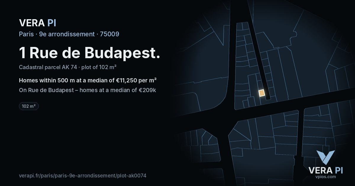 1 Rue de Budapest, 9e arrondissement at night – the plot lit, the parcels around coloured by the prices near them