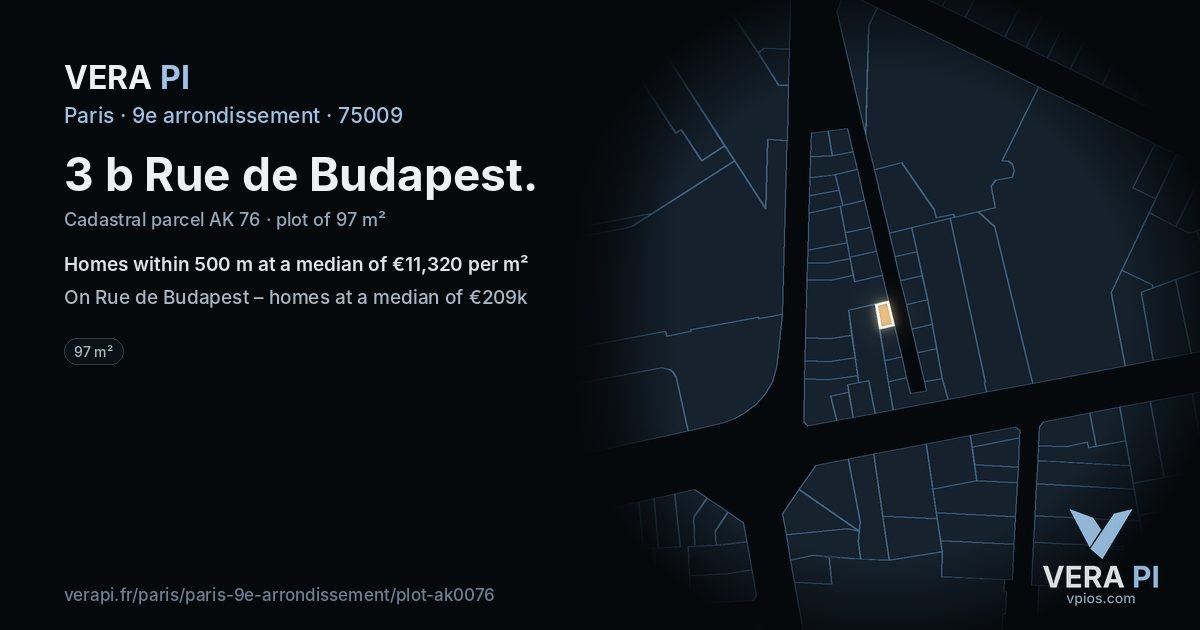3 b Rue de Budapest, 9e arrondissement at night – the plot lit, the parcels around coloured by the prices near them