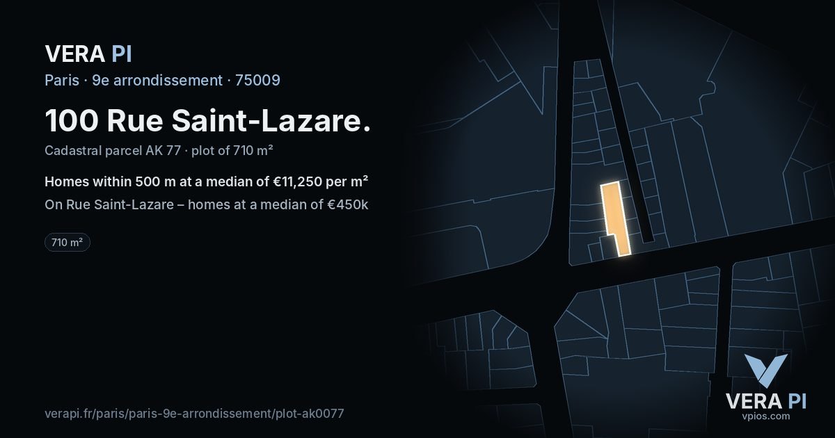 100 Rue Saint-Lazare, 9e arrondissement at night – the plot lit, the parcels around coloured by the prices near them
