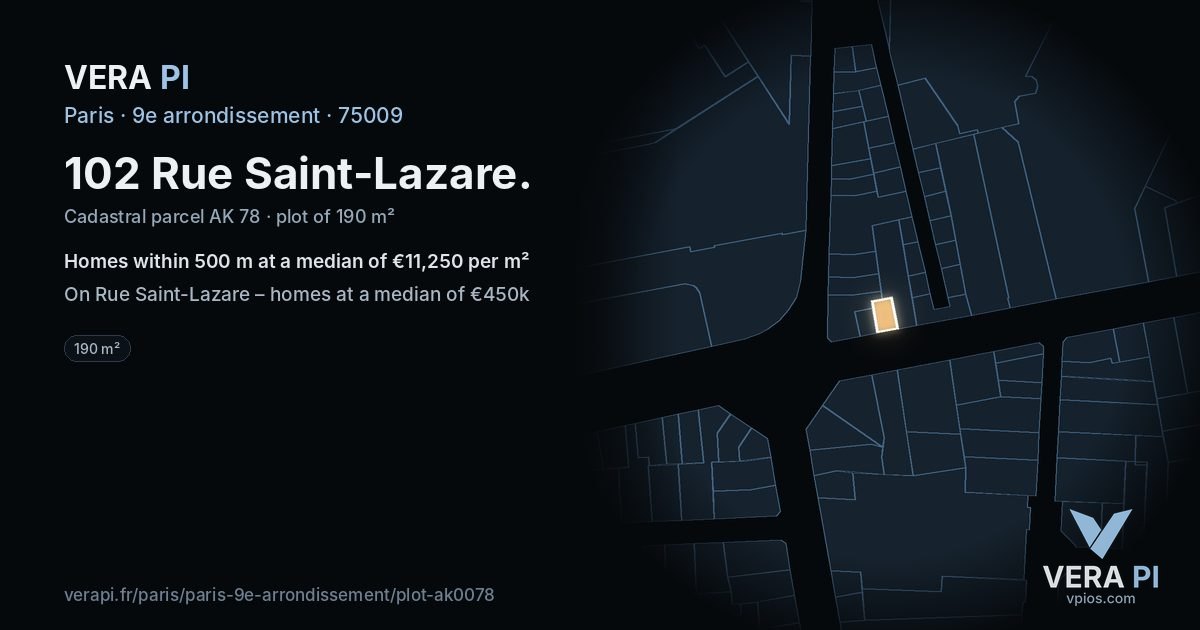 102 Rue Saint-Lazare, 9e arrondissement at night – the plot lit, the parcels around coloured by the prices near them