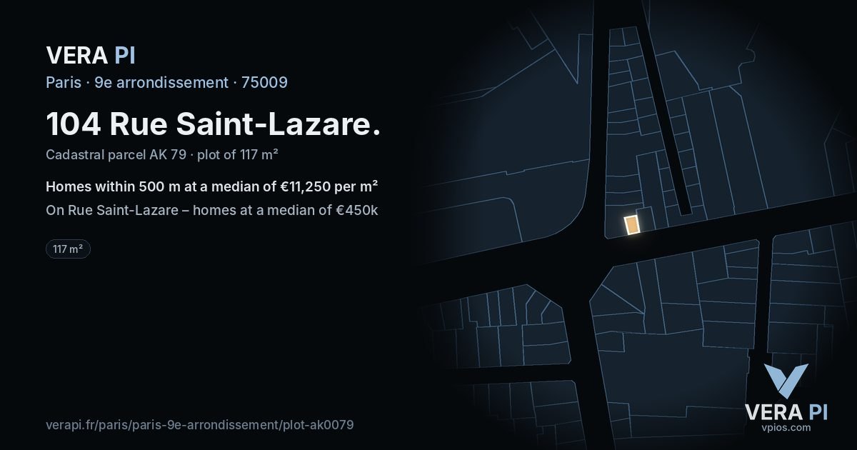 104 Rue Saint-Lazare, 9e arrondissement at night – the plot lit, the parcels around coloured by the prices near them
