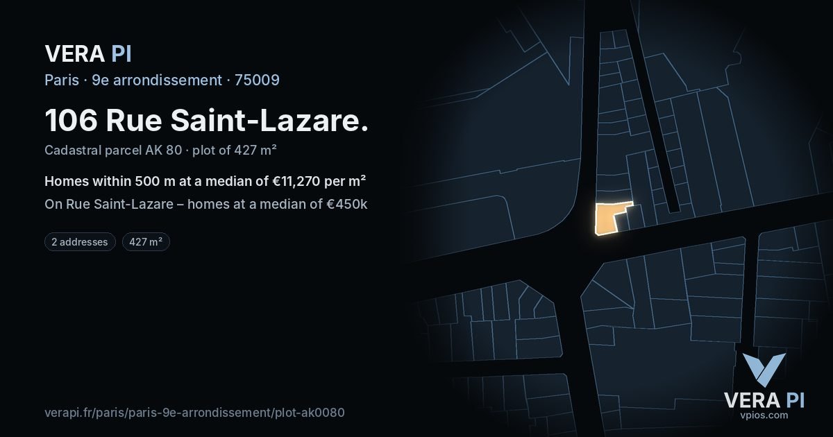 106 Rue Saint-Lazare, 9e arrondissement at night – the plot lit, the parcels around coloured by the prices near them