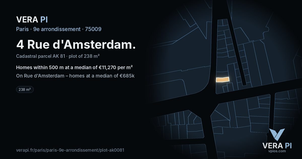 4 Rue d'Amsterdam, 9e arrondissement at night – the plot lit, the parcels around coloured by the prices near them