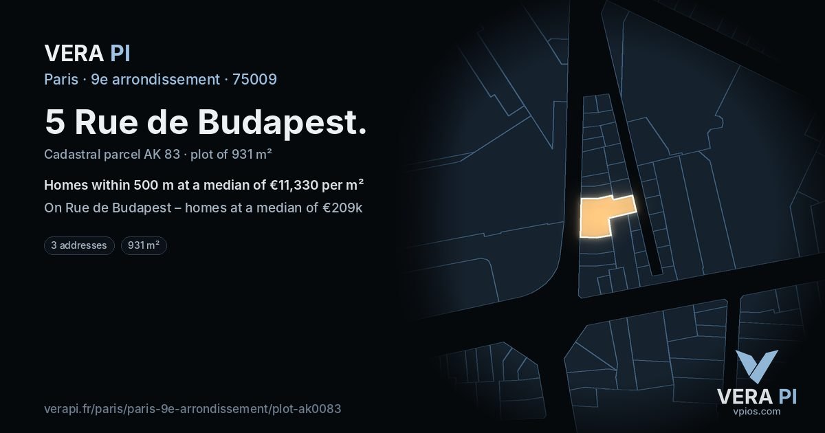 5 Rue de Budapest, 9e arrondissement at night – the plot lit, the parcels around coloured by the prices near them