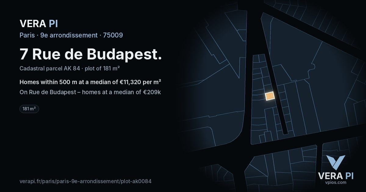 7 Rue de Budapest, 9e arrondissement at night – the plot lit, the parcels around coloured by the prices near them