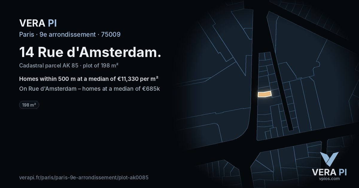 14 Rue d'Amsterdam, 9e arrondissement at night – the plot lit, the parcels around coloured by the prices near them
