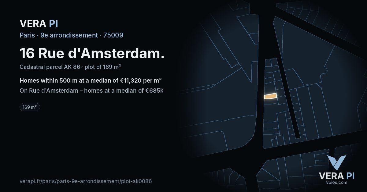 16 Rue d'Amsterdam, 9e arrondissement at night – the plot lit, the parcels around coloured by the prices near them