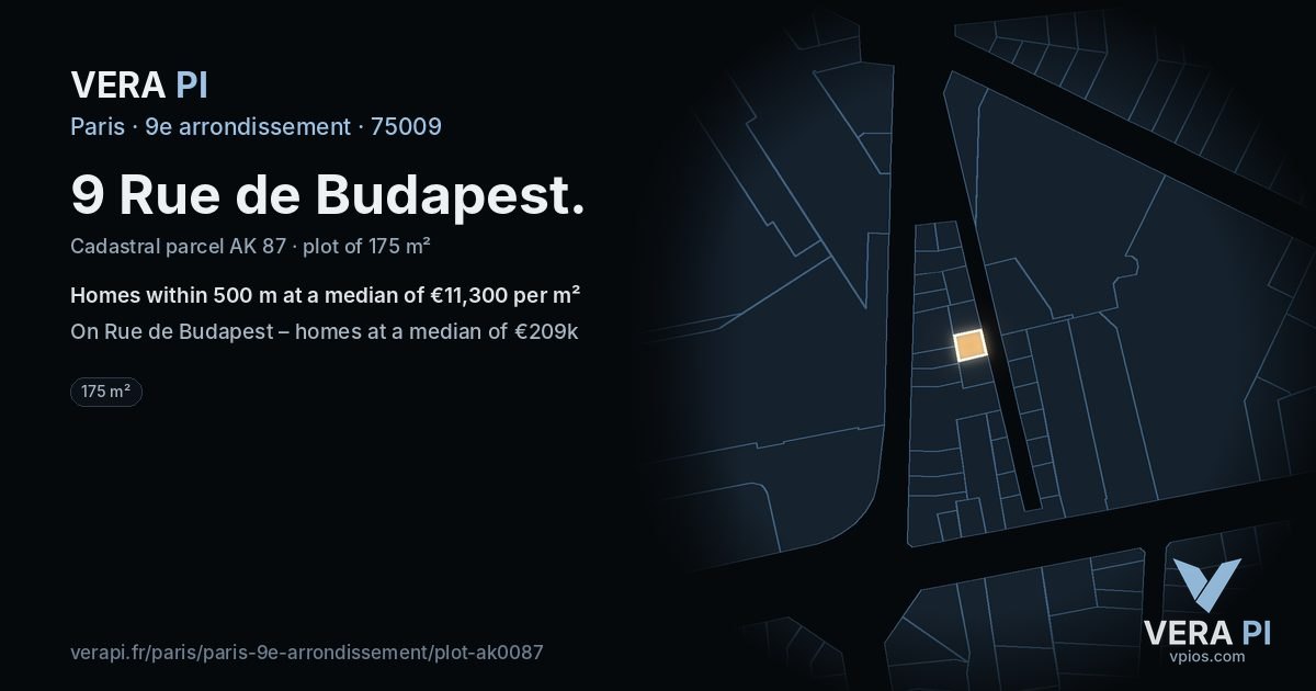 9 Rue de Budapest, 9e arrondissement at night – the plot lit, the parcels around coloured by the prices near them