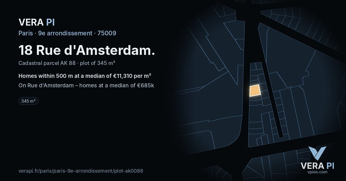 18 Rue d'Amsterdam, 9e arrondissement at night – the plot lit, the parcels around coloured by the prices near them