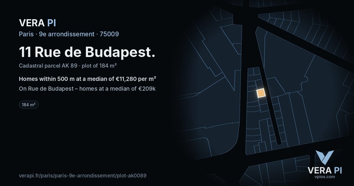 11 Rue de Budapest, 9e arrondissement at night – the plot lit, the parcels around coloured by the prices near them