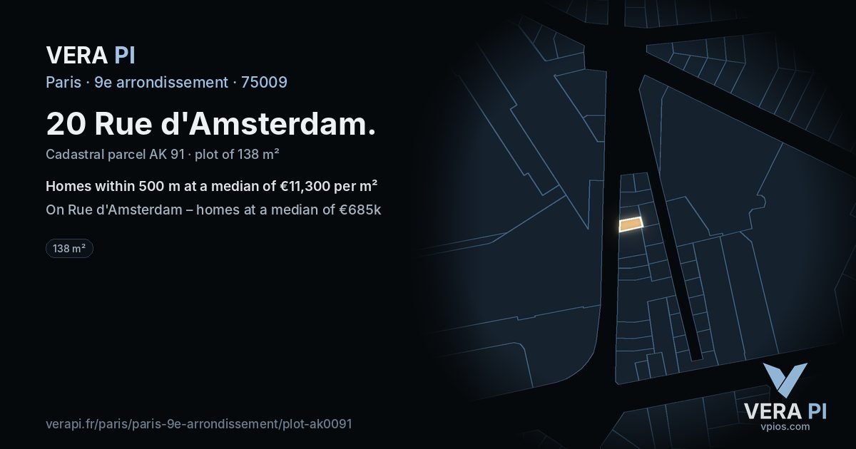 20 Rue d'Amsterdam, 9e arrondissement at night – the plot lit, the parcels around coloured by the prices near them