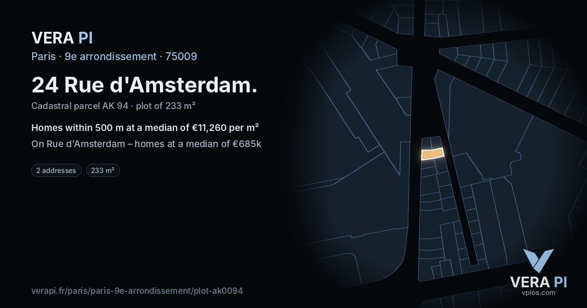 24 Rue d'Amsterdam, 9e arrondissement at night – the plot lit, the parcels around coloured by the prices near them