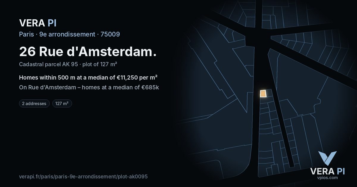 26 Rue d'Amsterdam, 9e arrondissement at night – the plot lit, the parcels around coloured by the prices near them