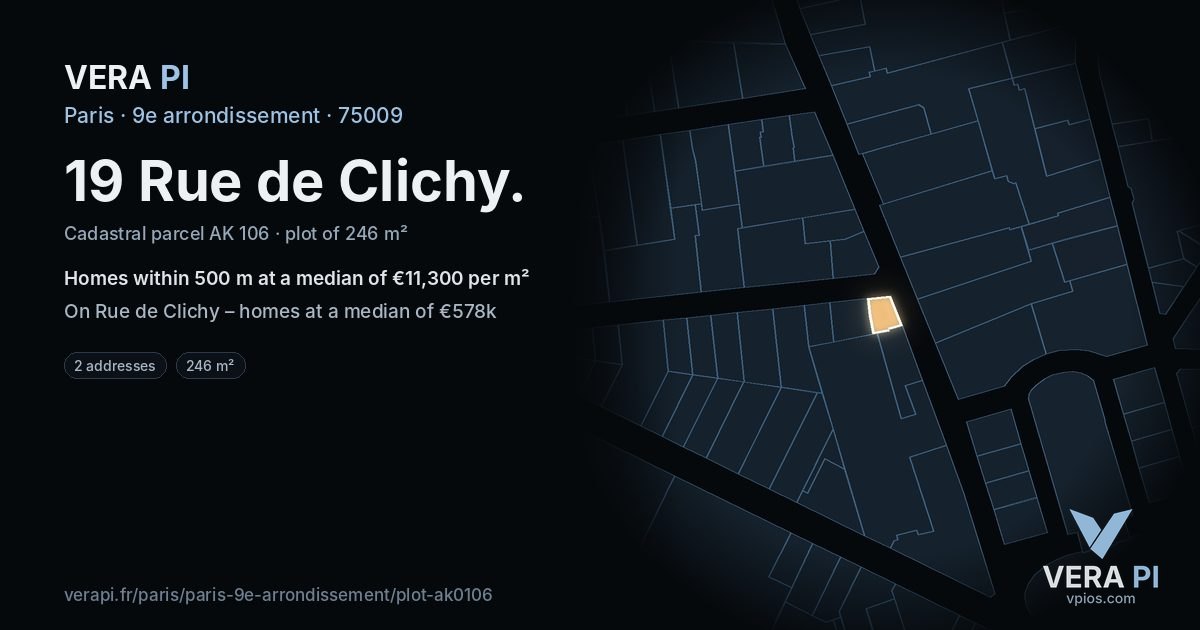 19 Rue de Clichy, 9e arrondissement at night – the plot lit, the parcels around coloured by the prices near them
