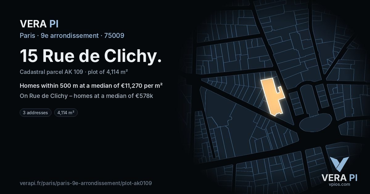 15 Rue de Clichy, 9e arrondissement at night – the plot lit, the parcels around coloured by the prices near them