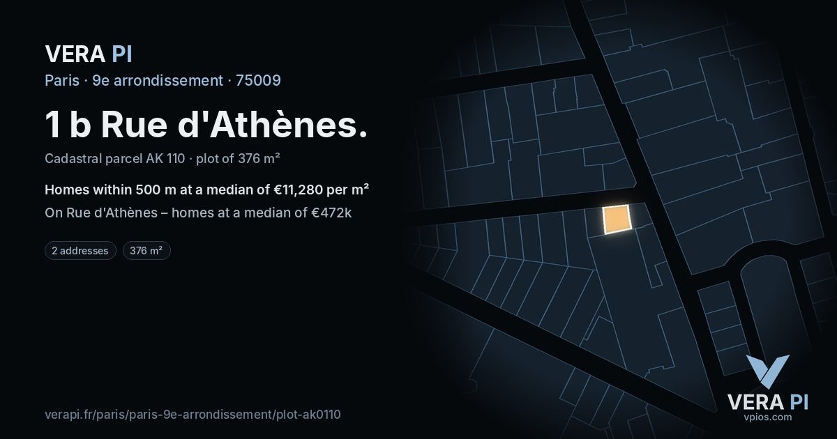1 b Rue d'Athènes, 9e arrondissement at night – the plot lit, the parcels around coloured by the prices near them