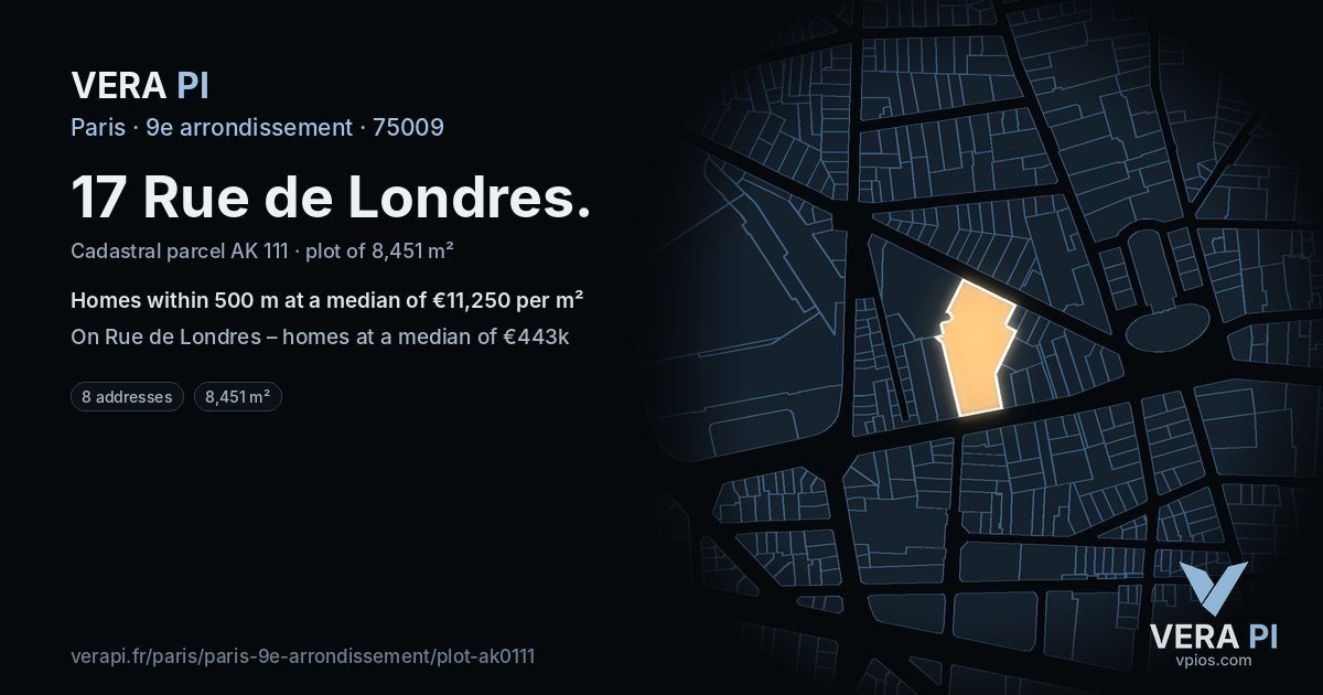 17 Rue de Londres, 9e arrondissement at night – the plot lit, the parcels around coloured by the prices near them