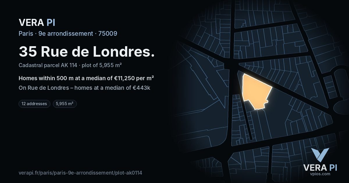 35 Rue de Londres, 9e arrondissement at night – the plot lit, the parcels around coloured by the prices near them