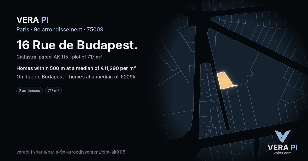 16 Rue de Budapest, 9e arrondissement at night – the plot lit, the parcels around coloured by the prices near them