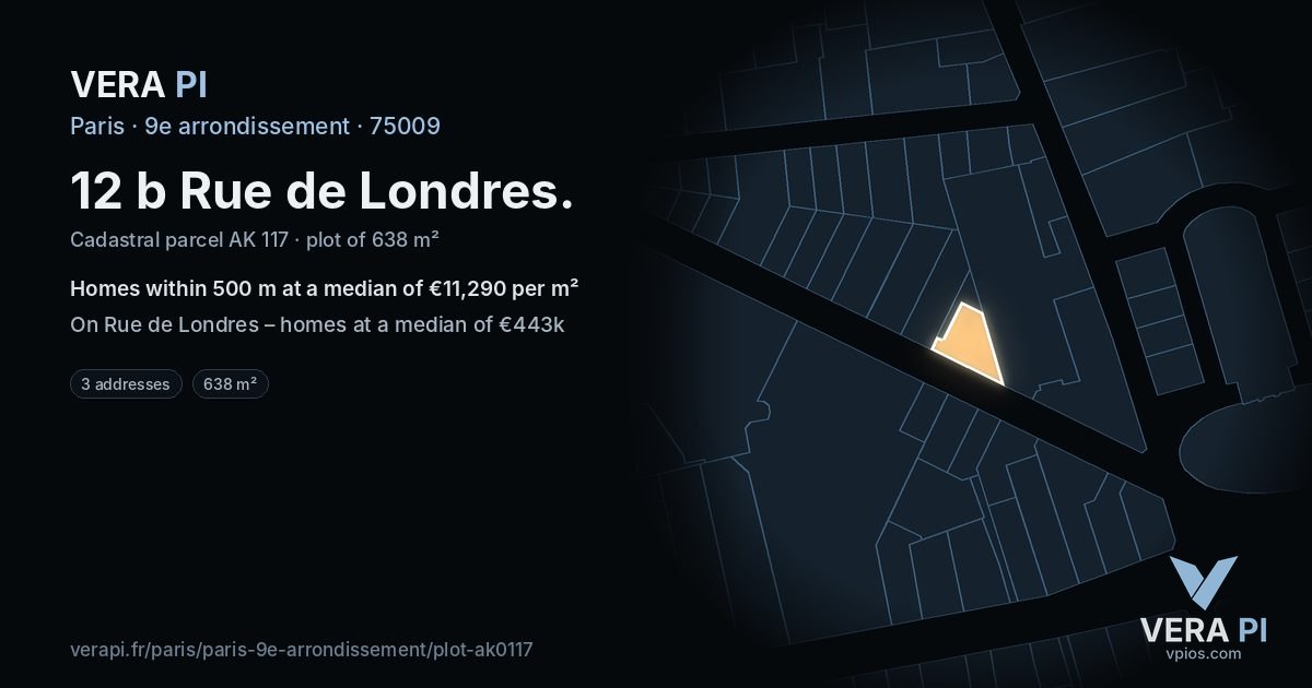 12 b Rue de Londres, 9e arrondissement at night – the plot lit, the parcels around coloured by the prices near them