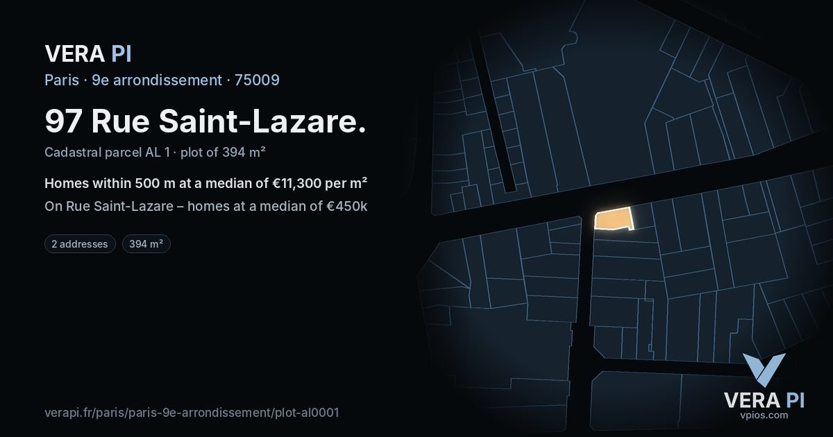 97 Rue Saint-Lazare, 9e arrondissement at night – the plot lit, the parcels around coloured by the prices near them