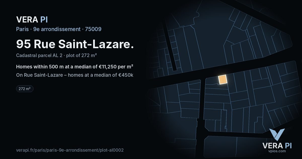 95 Rue Saint-Lazare, 9e arrondissement at night – the plot lit, the parcels around coloured by the prices near them