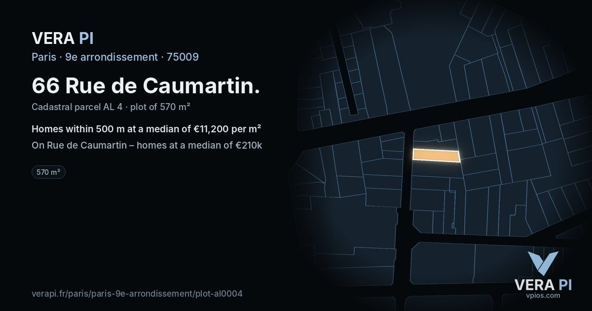 66 Rue de Caumartin, 9e arrondissement at night – the plot lit, the parcels around coloured by the prices near them