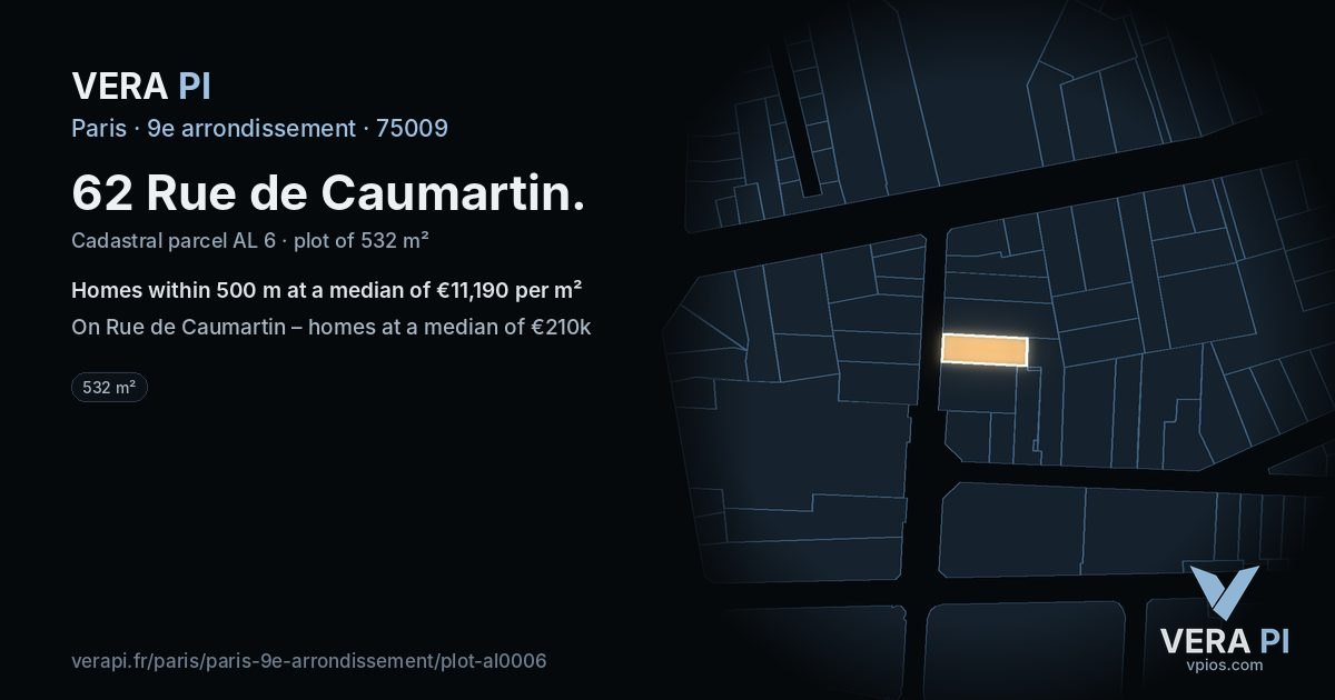 62 Rue de Caumartin, 9e arrondissement at night – the plot lit, the parcels around coloured by the prices near them