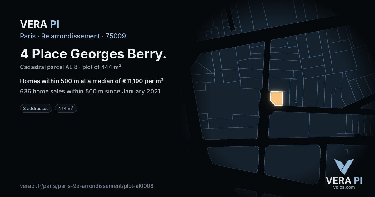 4 Place Georges Berry, 9e arrondissement at night – the plot lit, the parcels around coloured by the prices near them